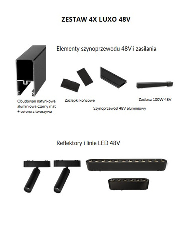 Szynoprzewód 48V 2m czarny natynk - Zestaw 4x LED z zasilaczem